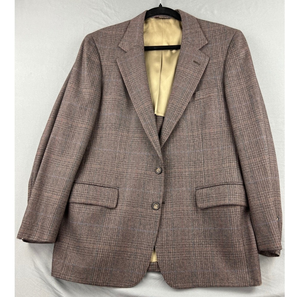 Cricketeer Blazer Mens 44 Brown Wool Glen Plaid Sport Coat Vintage USA Good